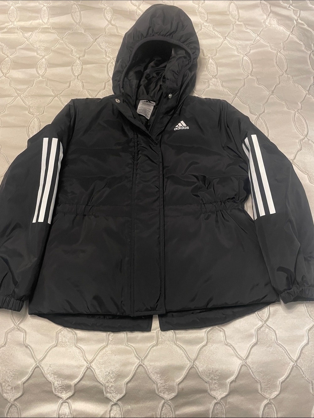 Vintage 90s adidas Black Hooded Kids Puffer Jacket with White Stripes